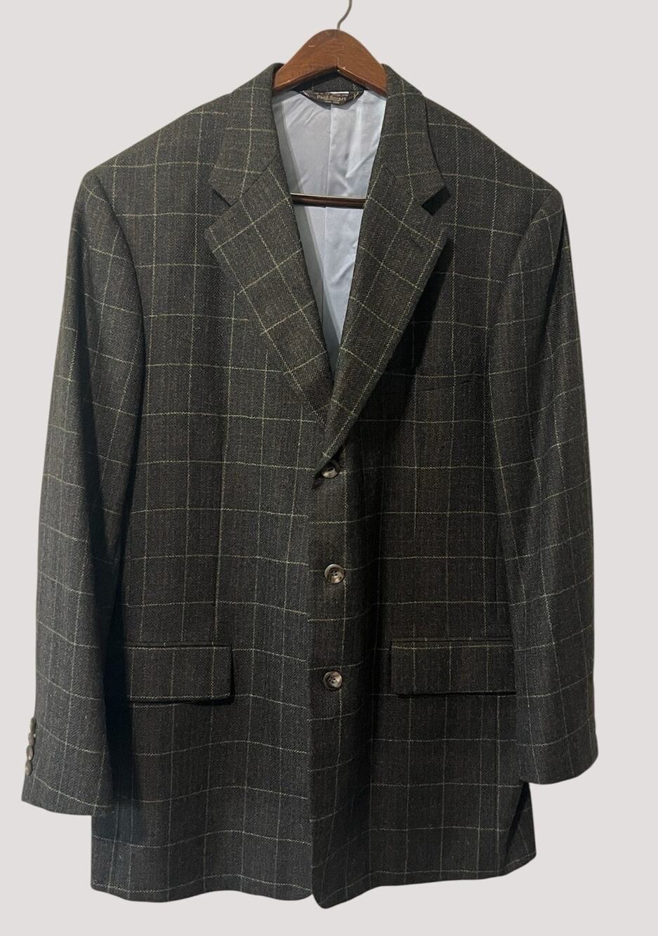 Paul Stuart Sport Coat Blazer Soft Alpaca & Wool Deep Olive Windowpane Plaid 46L